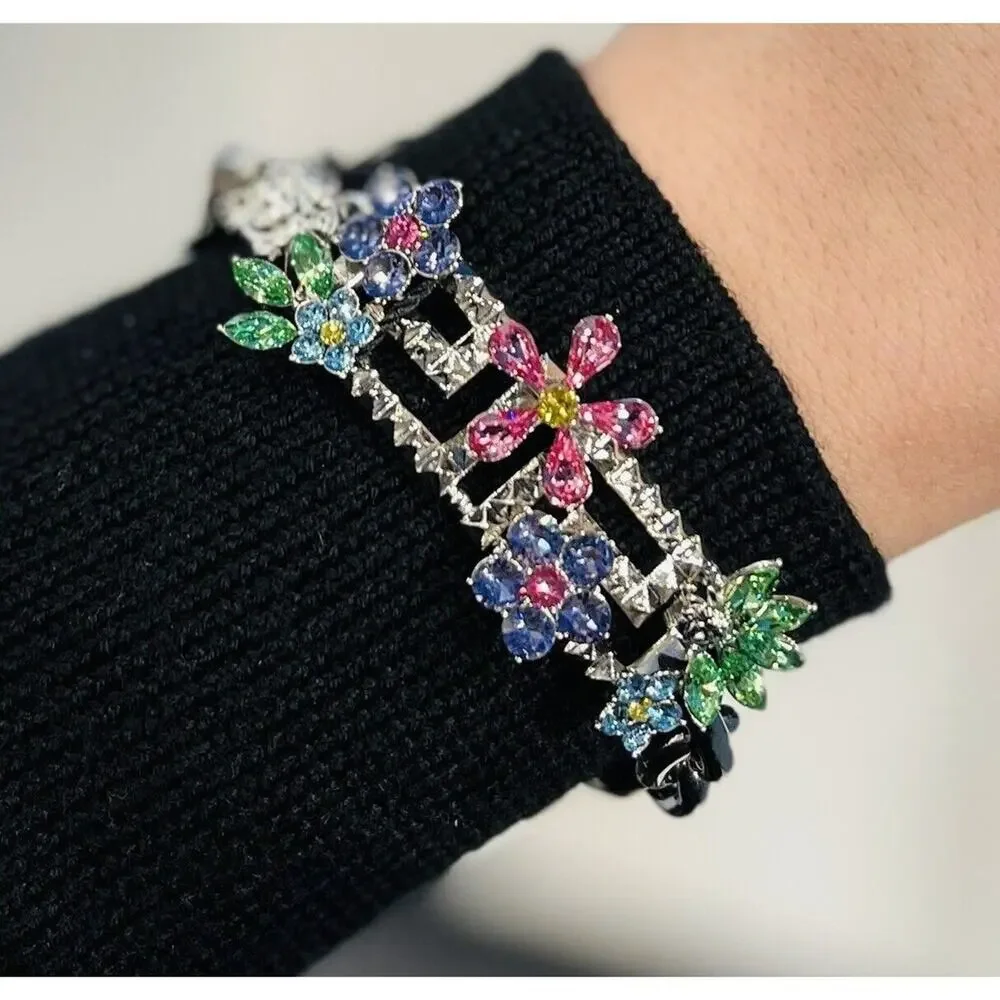 NIB Versace Multicolor Crystal Flower Bloom Greca Bracelet Silver Tone L $1,125